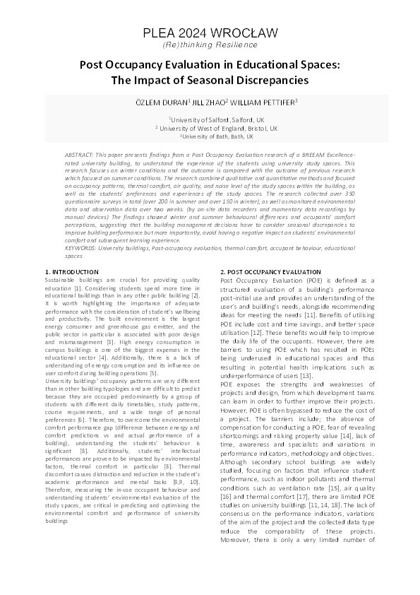 Post occupancy evaluation in educational spaces: The impact of seasonal discrepancies Thumbnail