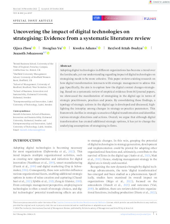 Uncovering the impact of digital technologies on strategising: Evidence from a systematic literature review Thumbnail