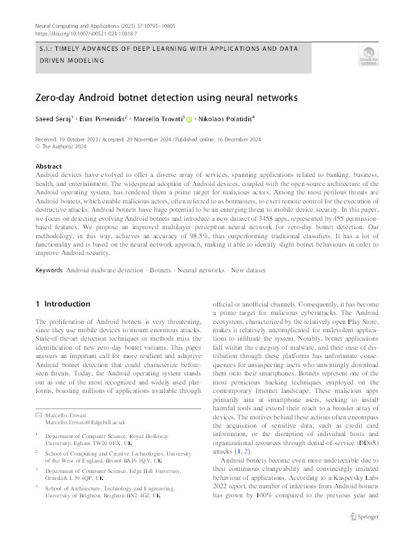 Zero-day Android botnet detection using neural networks Thumbnail