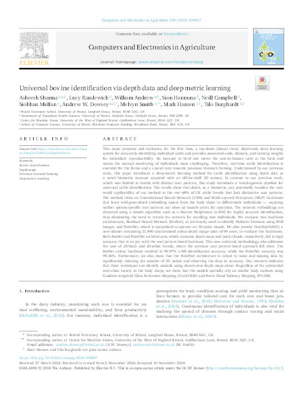 Universal bovine identification via depth data and deep metric learning Thumbnail