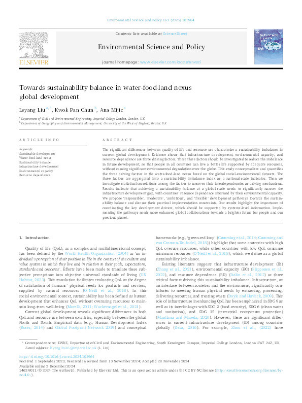Towards sustainability balance in water-food-land nexus global development Thumbnail