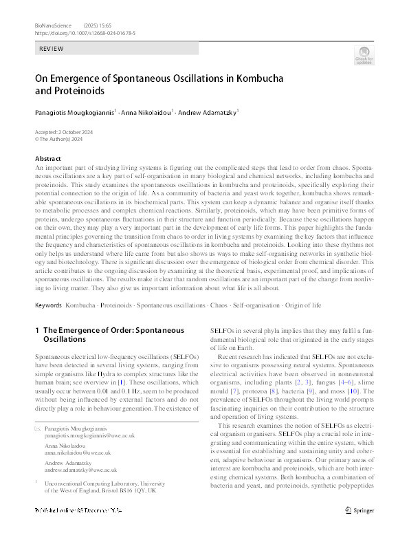 On emergence of spontaneous oscillations in kombucha and proteinoids Thumbnail