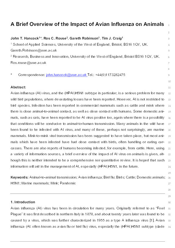 A brief overview of the impact of avian influenza on animals Thumbnail