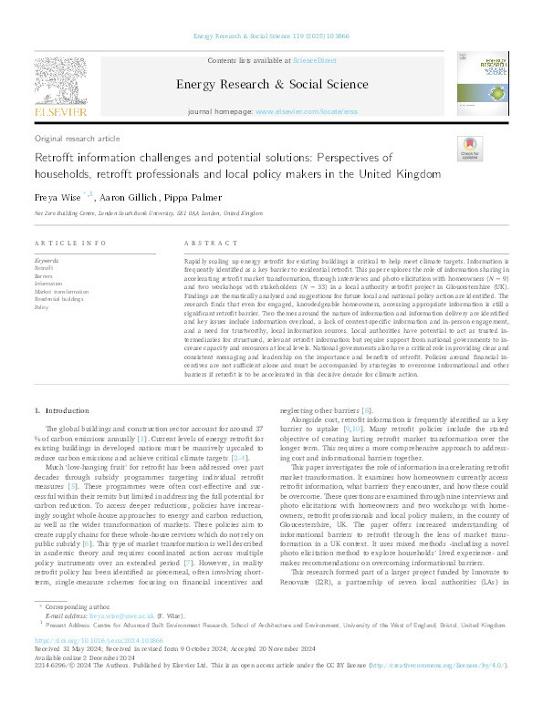 Retrofit information challenges and potential solutions: Perspectives of households, retrofit professionals and local policy makers in the United Kingdom Thumbnail