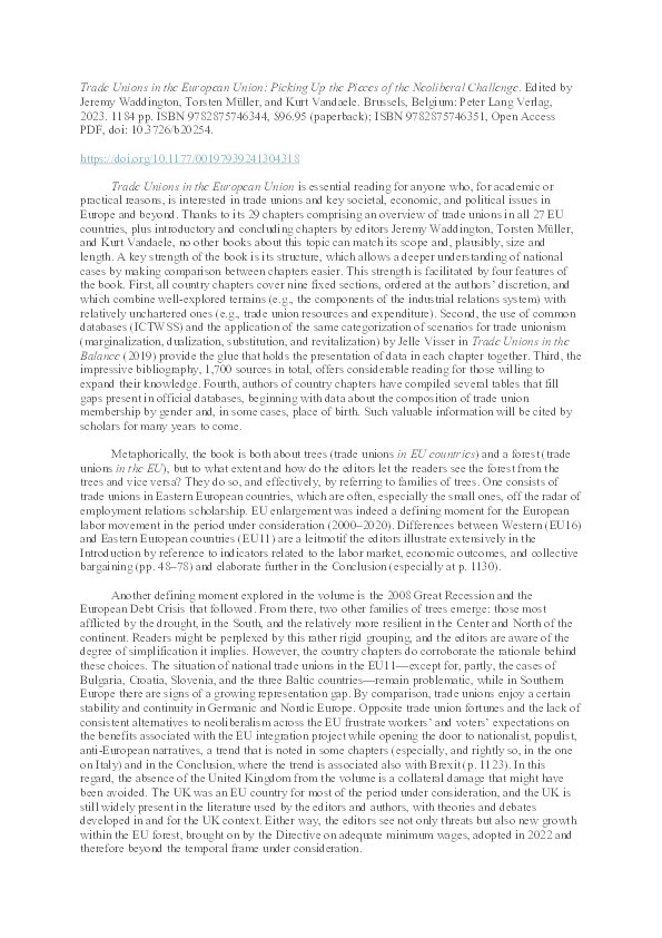 Book Review: Trade Unions in the European Union: Picking Up the Pieces of the Neoliberal Challenge. By Jeremy Waddington, Torsten Müller, and Kurt Vandaele Thumbnail