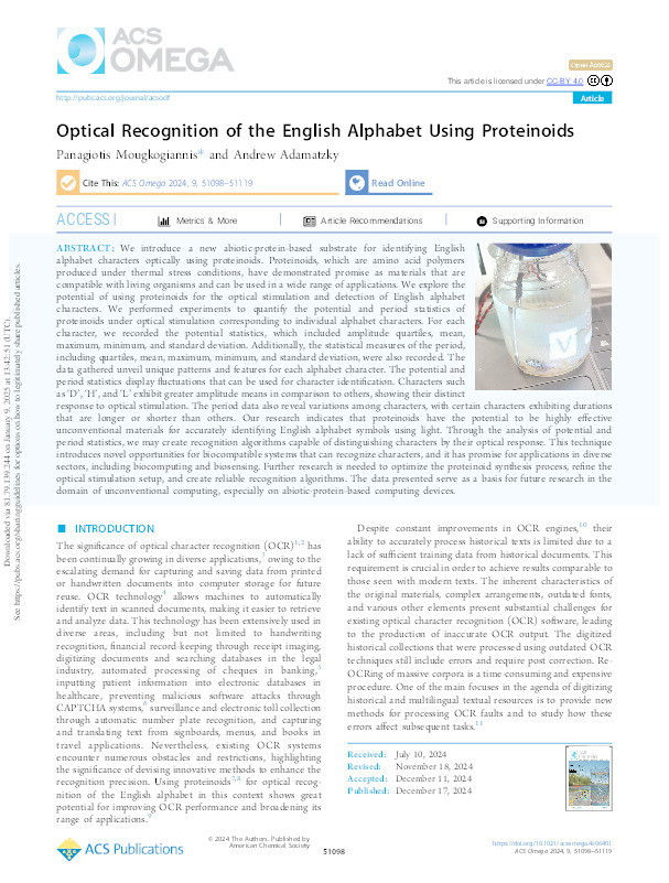 Optical recognition of the English alphabet using proteinoids Thumbnail