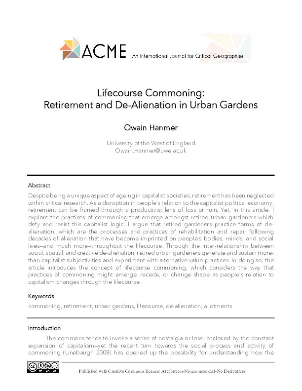 Lifecourse commoning: Retirement and de-alienation in urban gardens Thumbnail