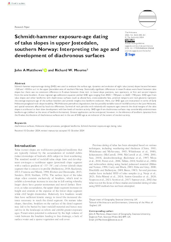 Schmidt-hammer exposure-age dating of talus slopes in upper Jostedalen, southern Norway: Interpreting the age and development of diachronous surfaces Thumbnail