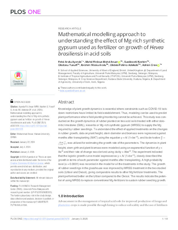 Mathematical modelling approach to understanding the effect of Mg-rich synthetic gypsum used as fertilizer on growth of Hevea brasiliensis in acid soils Thumbnail