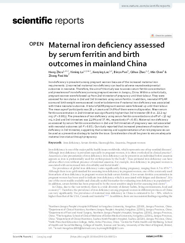 Maternal iron deficiency assessed by serum ferritin and birth outcomes in mainland China Thumbnail