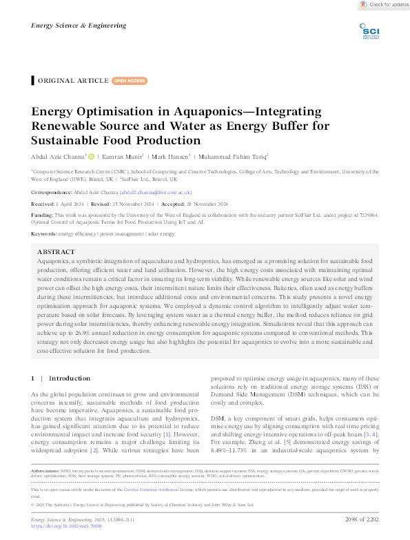 Energy optimisation in aquaponics - Integrating renewable source and water as energy buffer for sustainable food production Thumbnail