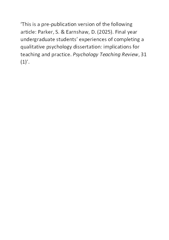 Final year undergraduate students’ experiences of completing a qualitative psychology dissertation: Implications for teaching and practice Thumbnail