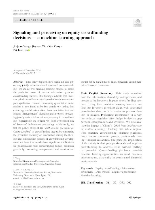 Signaling and perceiving on equity crowdfunding decisions — a machine learning approach Thumbnail