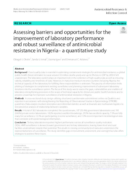 Assessing barriers and opportunities for the improvement of laboratory performance and robust surveillance of antimicrobial resistance in Nigeria– a quantitative study Thumbnail