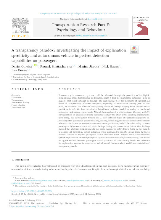A transparency paradox? Investigating the impact of explanation specificity and autonomous vehicle imperfect detection capabilities on passengers Thumbnail