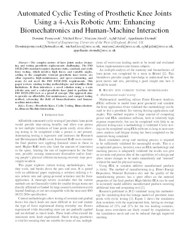 Automated cyclic testing of prosthetic knee joints using a 4-axis robotic arm: Enhancing biomechatronics and human-machine interaction Thumbnail