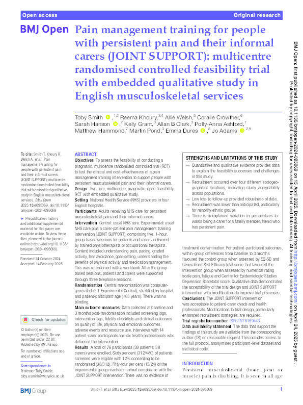 Pain management training for people with persistent pain and their informal carers (JOINT SUPPORT): Multicentre randomised controlled feasibility trial with embedded qualitative study in English musculoskeletal services Thumbnail