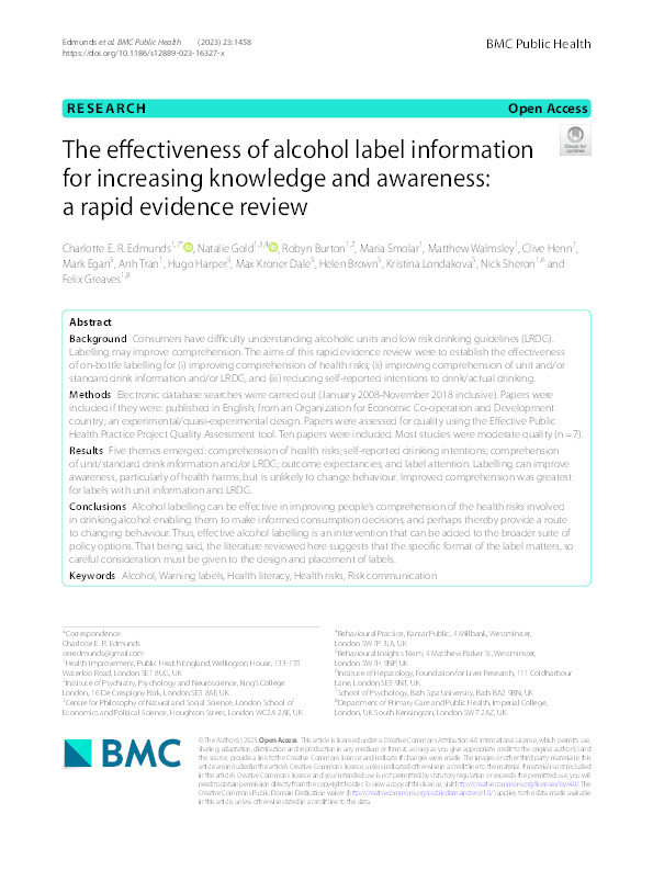 The effectiveness of alcohol label information for increasing knowledge and awareness: A rapid evidence review Thumbnail