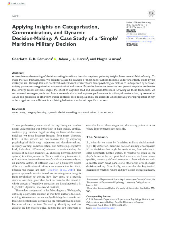 Applying insights on categorisation, communication, and dynamic decision-making: A case study of a 'simple' maritime military decision Thumbnail