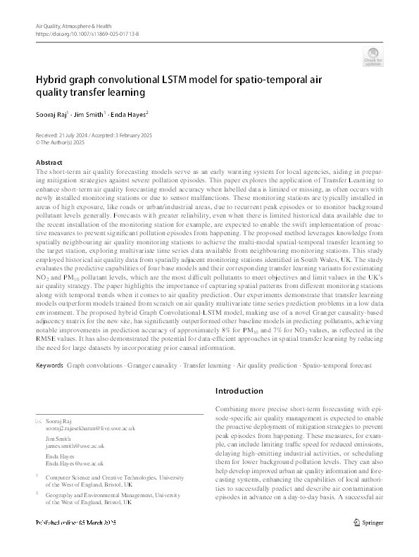 Hybrid graph convolutional LSTM model for spatio-temporal air quality transfer learning Thumbnail