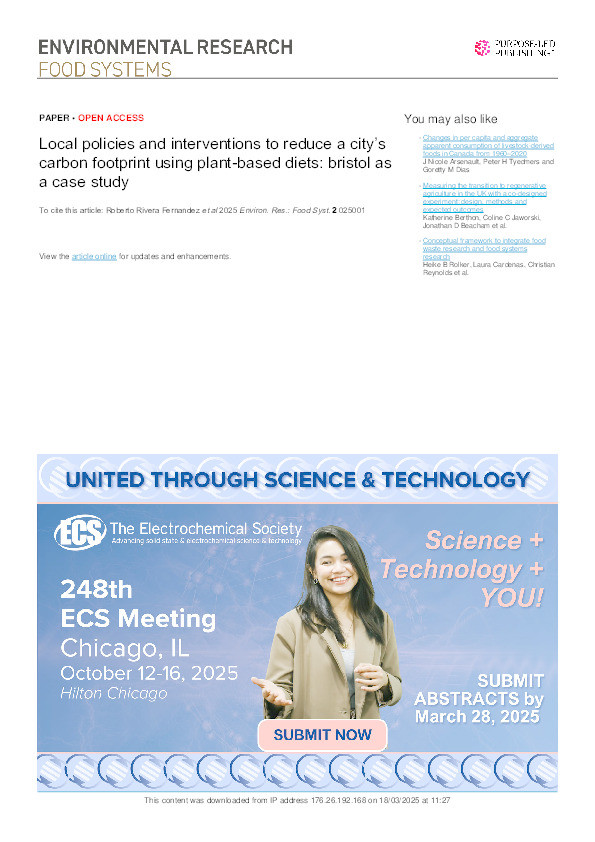Local policies and interventions to reduce a city’s carbon footprint using plant-based diets: Bristol as a case study Thumbnail