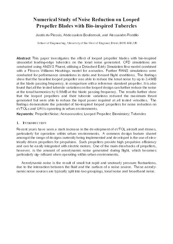 Numerical study of noise reduction on looped propeller blades with bio-inspired tubercles Thumbnail