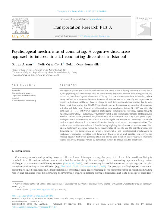 Psychological mechanisms of commuting: A cognitive dissonance approach to intercontinental commuting discomfort in Istanbul Thumbnail