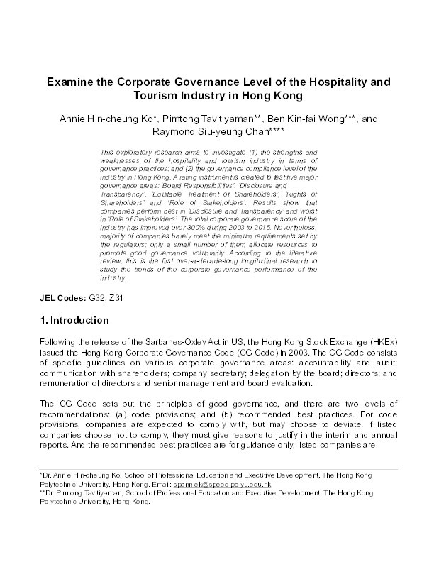 Examine the corporate governance level of the hospitality and tourism industry in Hong Kong Thumbnail