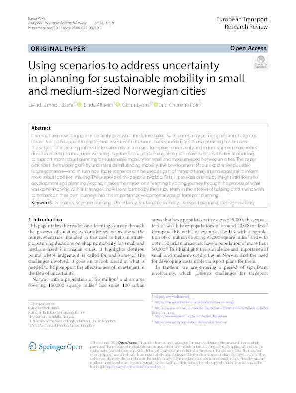 Using scenarios to address uncertainty in planning for sustainable mobility in small and medium-sized Norwegian cities Thumbnail
