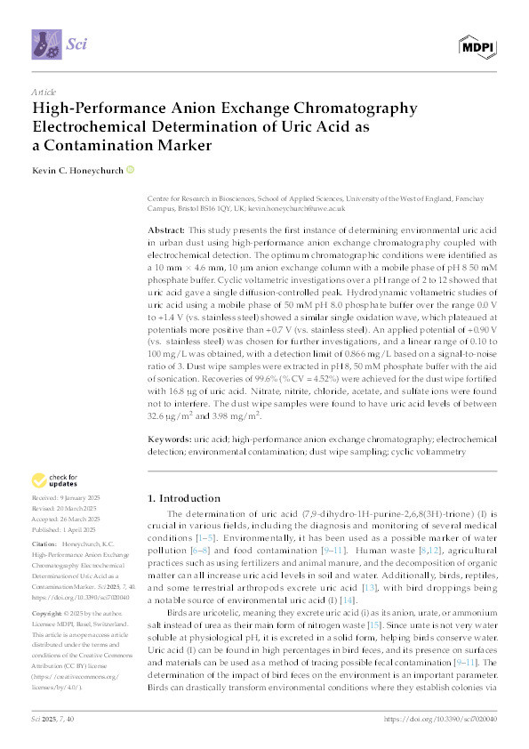 High performance anion-exchange chromatography electro-chemical determination of uric acid as a contamination marker Thumbnail