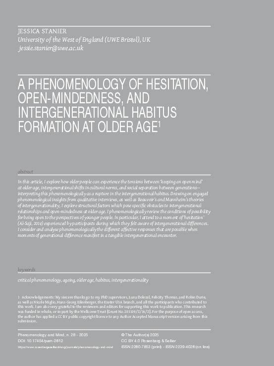A phenomenology of hesitation, open-mindedness, and intergenerational habitus formation at older age Thumbnail