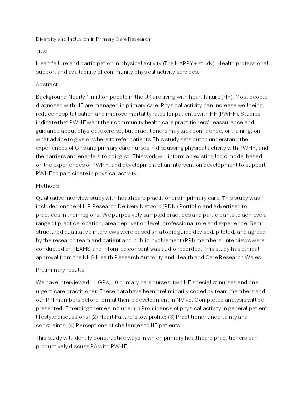 Heart failure and participation in physical activity (The HAPPY + study): Health professional support and availability of community physical activity services Thumbnail