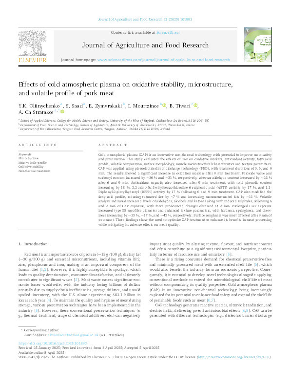 Effects of cold atmospheric plasma on oxidative stability, microstructure, and volatile profile of pork meat Thumbnail
