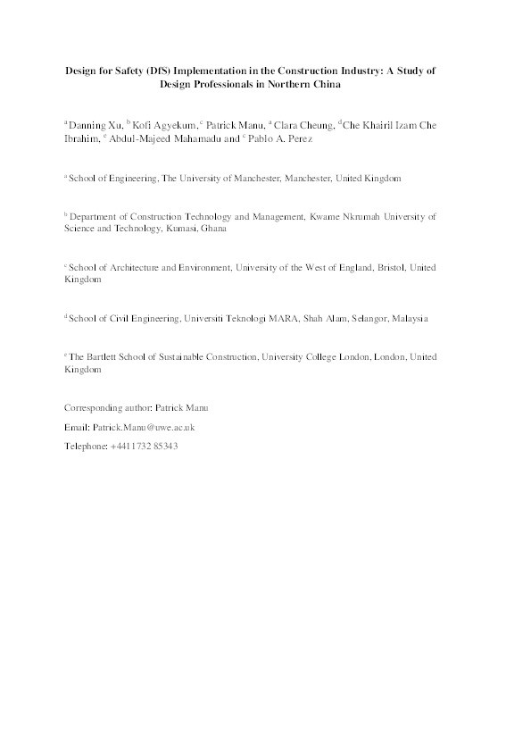Design for Safety (DfS) implementation in the construction industry: A study of design professionals in Northern China Thumbnail