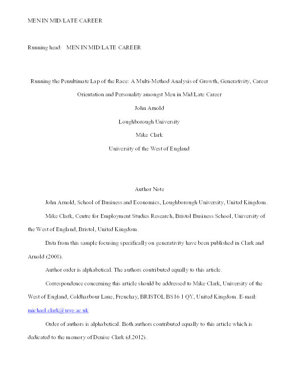 Running the penultimate lap of the race: A multimethod analysis of growth, generativity, career orientation, and personality amongst men in mid/late career Thumbnail