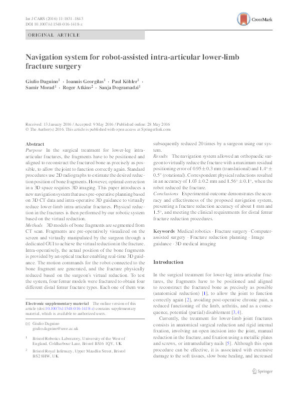 Navigation system for robot-assisted intra-articular lower-limb fracture surgery Thumbnail