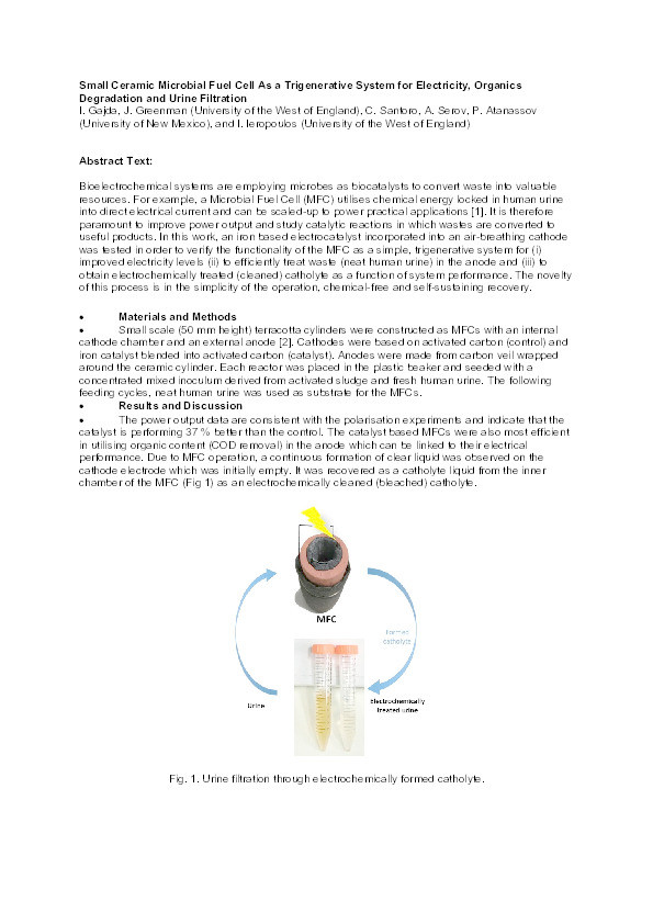 Small ceramic microbial fuel cell as a trigenerative system for electricity, organics degradation and urine filtration Thumbnail