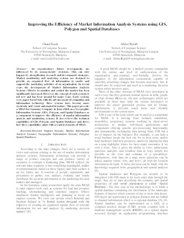 Improving the efficiency of Market Information Analysis Systems using GIS, Polygon and Spatial Databases Thumbnail