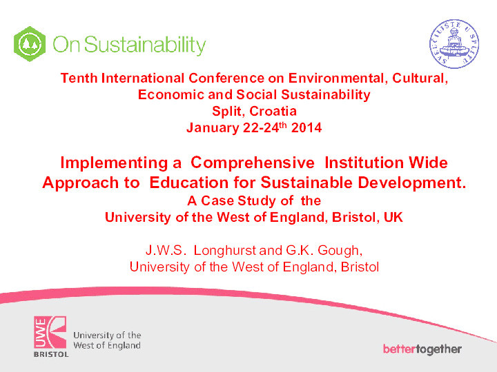 Implementing a  Comprehensive  Institution Wide Approach to  Education for Sustainable Development. A Case Study of  the University of the West of England, Bristol, UK Thumbnail