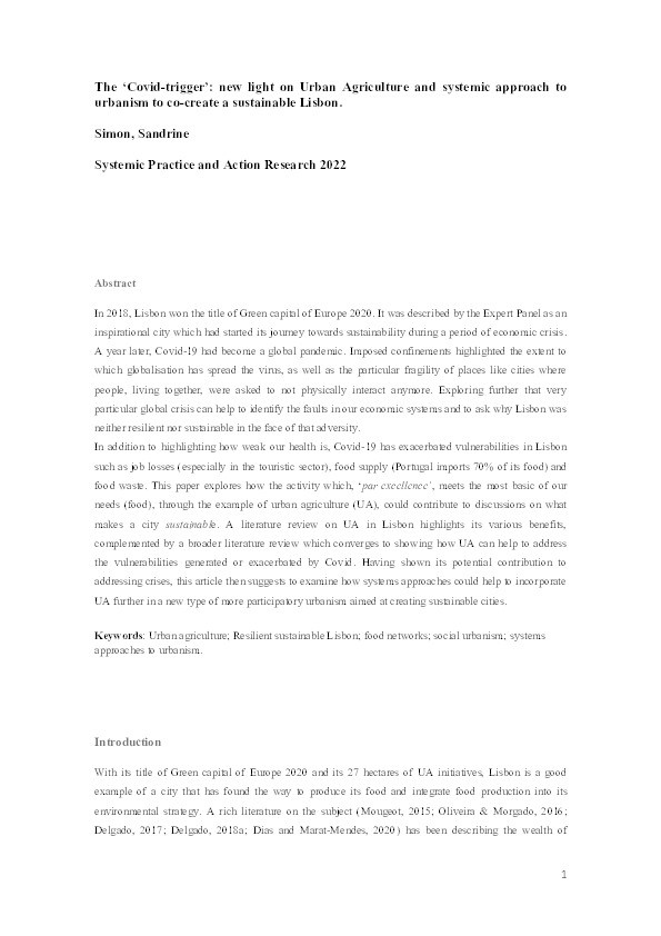 The ‘Covid-trigger’: New light on urban agriculture and systemic approach to urbanism to co-create a sustainable Lisbon Thumbnail