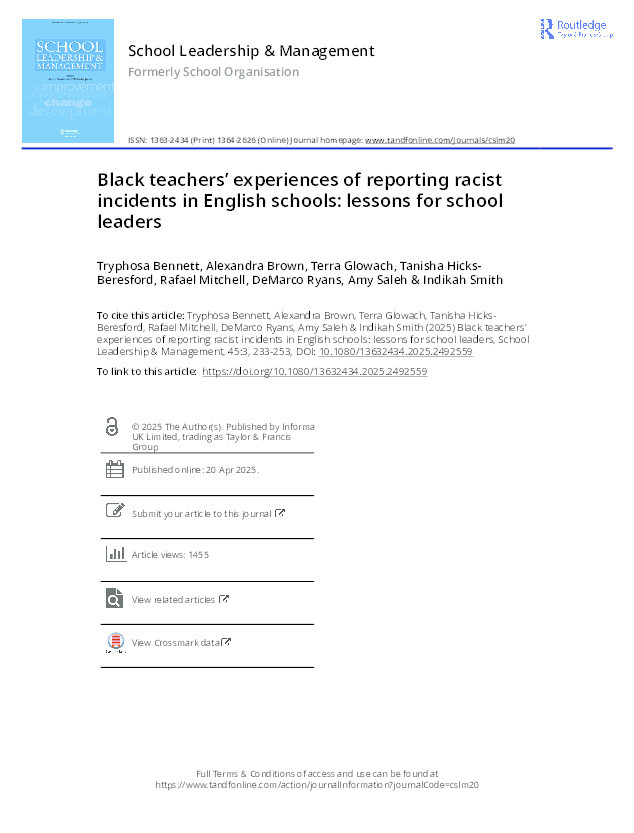 Black teachers’ experiences of reporting racist incidents in English schools: Lessons for school leaders Thumbnail