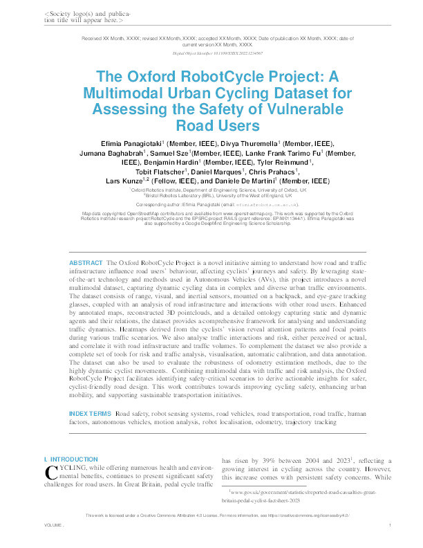The Oxford RobotCycle Project: A multimodal urban cycling dataset for assessing the safety of vulnerable road users Thumbnail
