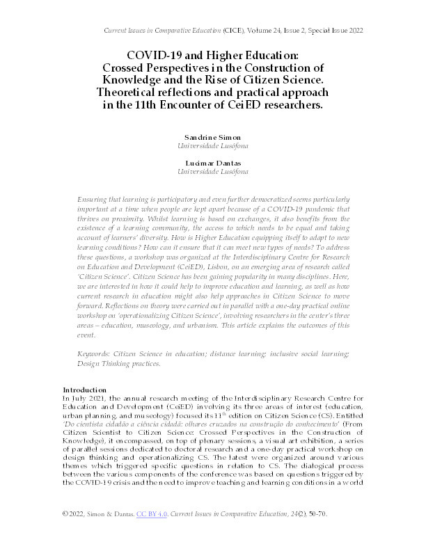 Covid and higher education: Crossed perspectives in the construction of knowledge and the rise of citizenscience. Theoretical reflections and practical approach  in the 11th encounter of CeiED researchers Thumbnail