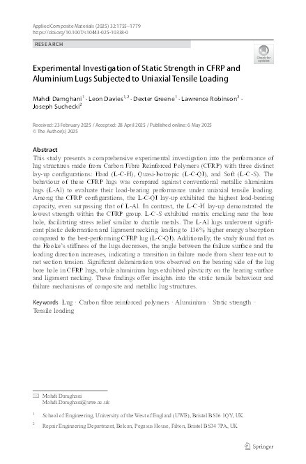 Experimental investigation of static strength in CFRP and aluminium lugs subjected to uniaxial tensile loading Thumbnail