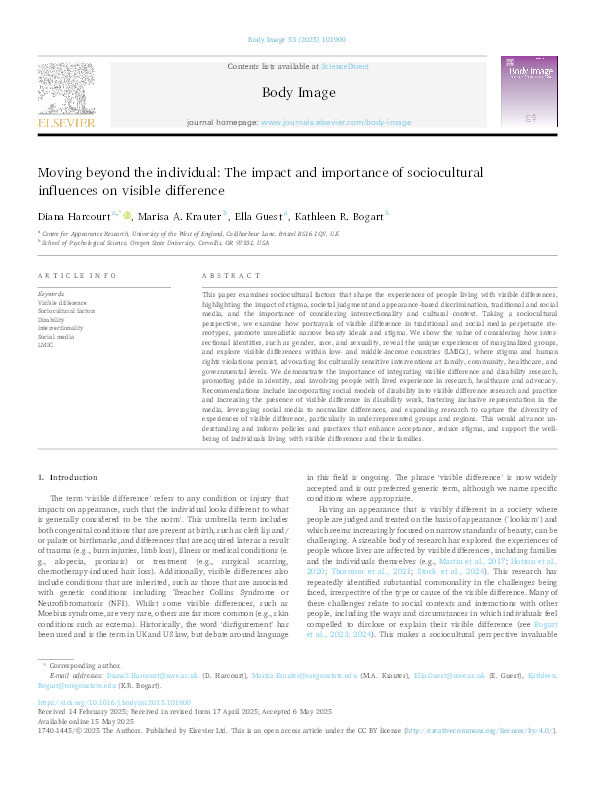 Moving beyond the individual: The impact and importance of sociocultural influences on visible difference Thumbnail