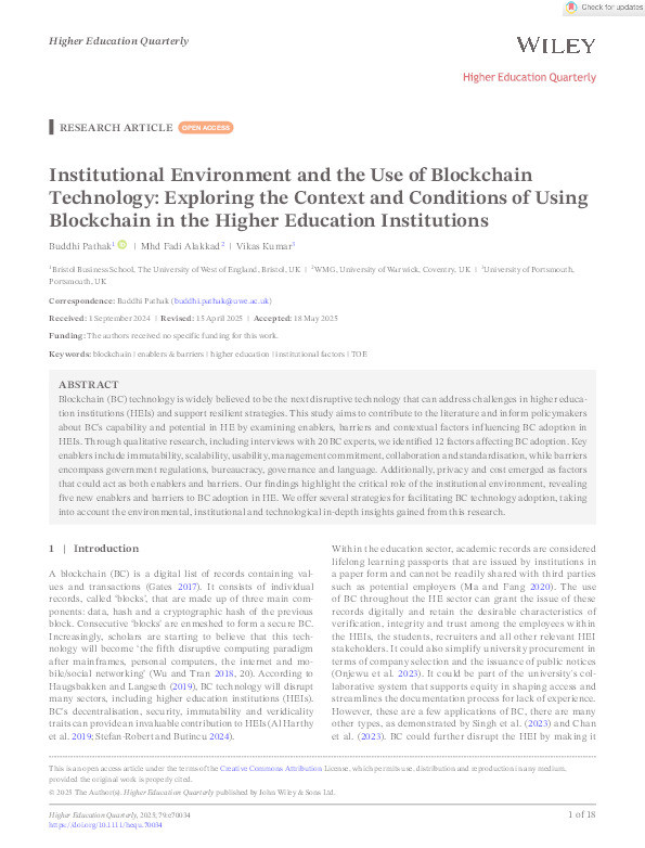 Institutional environment and the use of blockchain technology: Exploring the context and conditions of using blockchain in higher education institutions Thumbnail