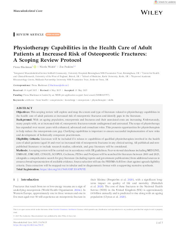 Physiotherapy capabilities in the health care of adult patients at increased risk of osteoporotic fractures: A scoping review protocol Thumbnail
