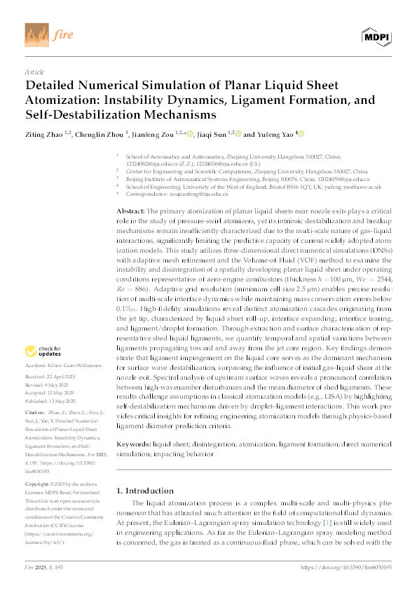Detailed numerical simulation of planar liquid sheet atomization: Instability dynamics, ligament formation, and self-destabilization mechanisms Thumbnail