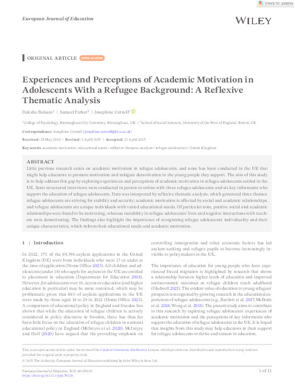 Experiences and perceptions of academic motivation in adolescents with a refugee background: A reflexive thematic analysis Thumbnail