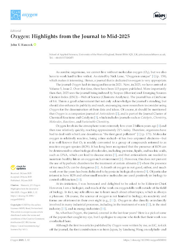 Oxygen: Highlights from the journal to mid-2025 Thumbnail
